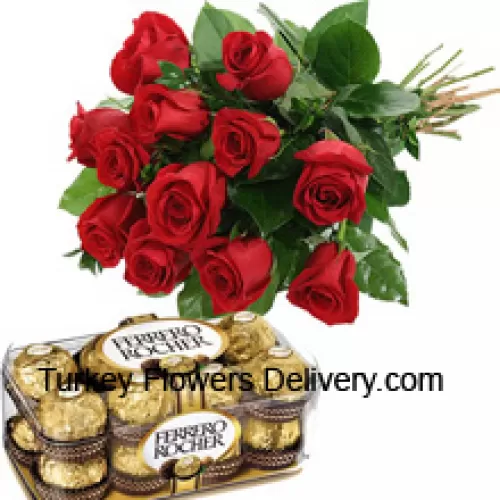 一束12朵红玫瑰，搭配时令花材，附带一盒16颗费列罗榛果巧克力