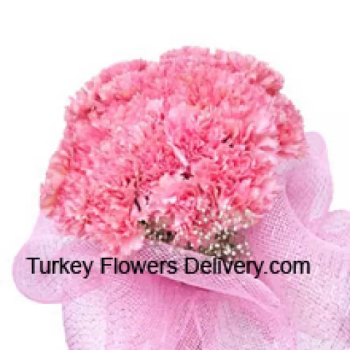 Прекрасный букет из 24 розовых гвоздик с сезонными наполнителями
