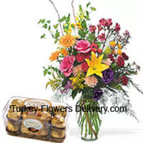 Flores surtidas en un jarrón con 16 piezas de Ferrero Rocher