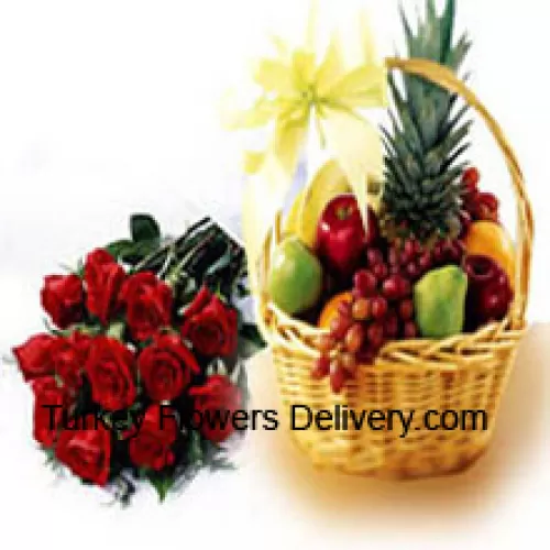 Mazzo di 12 Rose Rosse con Cesto di Frutta Fresca da 5 Kg (11 Lbs)