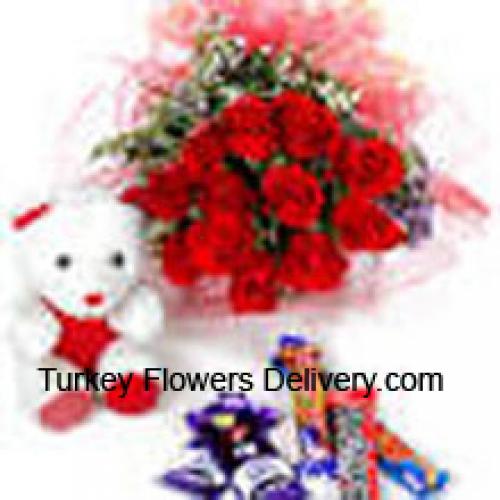 12 Red Roses with White Teddy and Chocolates