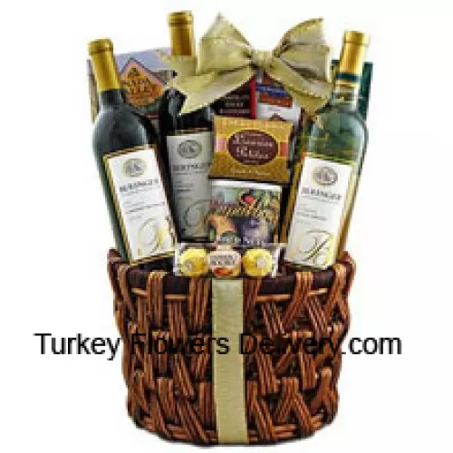 Dieser Geschenkkorb enthält Beringer California Collection Cabernet Sauvignon Rotwein, Beringer California Collection Merlot Rotwein, Beringer California Collection Pinot Grigio Weißwein, Ghirardelli-Schokolade, Ferrero Rocher feine Haselnusspralinen, Napa Valley Honig-Senf-Sauerteignuggets, Cashew Roca Buttercrunch-Toffee mit Schokolade und Cashews, Rademaker Himbeer-Schokoladenstangen, JM Morgans Lakritz-Petites und hochwertige gemischte Nüsse in einer Geschenkdose. (Der Inhalt des Korbs einschließlich Wein kann je nach Saison und Lieferort variieren. Wenn ein bestimmtes Produkt nicht verfügbar ist, ersetzen wir es durch ein Produkt von gleichem oder höherem Wert)