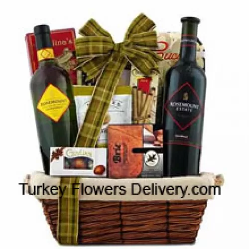 This Gift Basket includes Rosemount Estate Black Diamond Label Shiraz Red Wine, Rosemount Estate Chardonnay White Wine, Brie cheese spread, Three pepper blend crackers, Olive oil cucina chips, Guylian Belgian chocolate shells, Angelina’s sweet butter cookies, Dolcetto filled wafer roll And Feridies extra-large gourmet Virginia peanuts. (Contents of basket including wine may vary by season and delivery location. In case of unavailability of a certain product we will substitute the same with a product of equal or higher value)