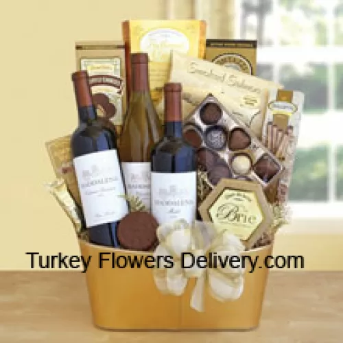 This Gift Basket Includes three bottles of delectable wine – a Cabernet Sauvignon, a Chardonnay and a rich Merlot. The feast continues with smoked salmon, Primo Dolce truffle cookies, Ghirardelli Masterpiece chocolates, brie cheese, flatbread crisps, Dolcetto cookies and Almond Roca. (Contents of basket including wine may vary by season and delivery location. In case of unavailability of a certain product we will substitute the same with a product of equal or higher value)