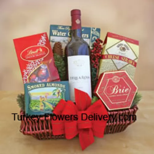 Esta hermosa cesta de regalo incluye una botella de cabernet sauvignon de California, sabrosas almendras ahumadas, queso, galletas de agua, crujientes palitos de queso y trufas de chocolate Lindt. (El contenido de la cesta, incluyendo el vino, puede variar según la temporada y la ubicación de entrega. En caso de no disponibilidad de algún producto, lo sustituiremos por un producto de igual o mayor valor)