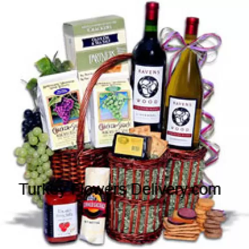 This Gift Basket Includes Chardonnay Vinters Blend by Ravenswood - 750 ml, Zinfandel Vinters Blend by Ravenswood - 750 ml, Partners Hors Doeuvre Deli Style Crackers, White Wine Biscuits by American Vintage, Red Wine Biscuits by American Vintage, Tomato Bruschetta by Elki, Butcher Wrapped Summer Sausage by Sparrer Sausage Company, Hickory and Maple Smoked Cheese by Sugarbush Farm. (Contents of basket including wine may vary by season and delivery location. In case of unavailability of a certain product we will substitute the same with a product of equal or higher value)