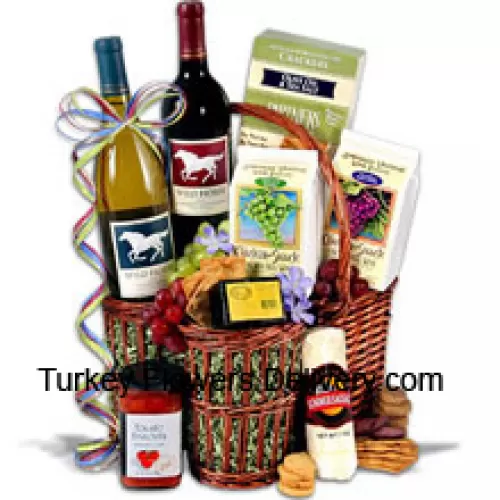 This Gift Basket Includes Wild Horse - Cabernet Sauvignon - 750ml, Wild Horse - Chardonnay - 750ml, Hors Doeuvre Deli Style Crackers by Partners, Hickory & Maple Smoked Cheese by Sugarbush Farm, Butcher Wrapped Summer Sausage by Sparrer Sausage Co, Tomato Bruschetta by Elki, Red Wine Biscuit by American Vintage and White Wine Biscuit by American Vintage.  (Contents of basket including wine may vary by season and delivery location. In case of unavailability of a certain product we will substitute the same with a product of equal or higher value)