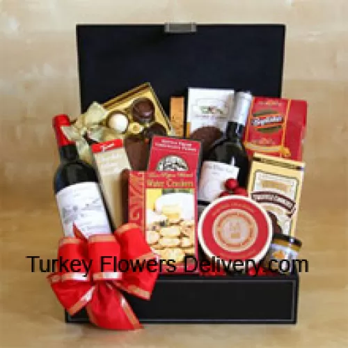 This Gift Basket includes two bottles of red wine, Gourmet crackers, Indulgent fudge, Savory almonds, Sweet truffle cookies, Merlot cheese, Napa Valley mustard, 6-piece gift box of gourmet truffles And Tasty cheese swirls. (Contents of basket including wine may vary by season and delivery location. In case of unavailability of a certain product we will substitute the same with a product of equal or higher value)