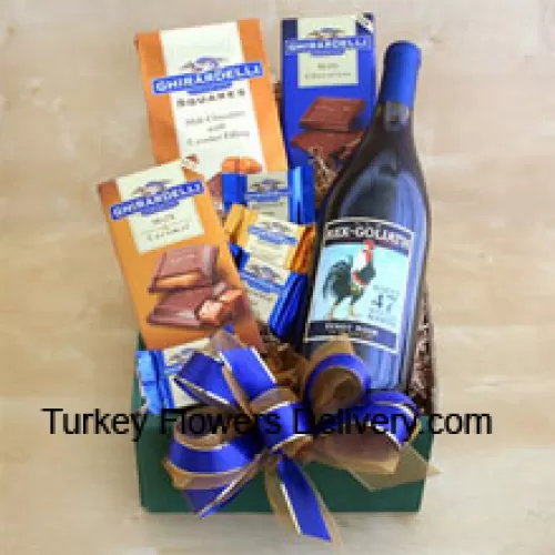 Esta cesta de regalo incluye una botella de fino Cabernet de California, cuadrados de chocolate Ghirardelli y barras de chocolate Ghirardelli en leche y caramelo. (El contenido de la cesta, incluido el vino, puede variar según la temporada y la ubicación de entrega. En caso de indisponibilidad de algún producto, lo sustituiremos por un producto de igual o mayor valor)