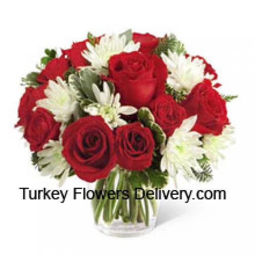 Red Roses and Cute chrysanthemums in Vase