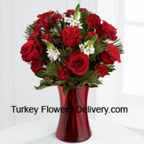 Roses and Assorted Greenery in Red Vase