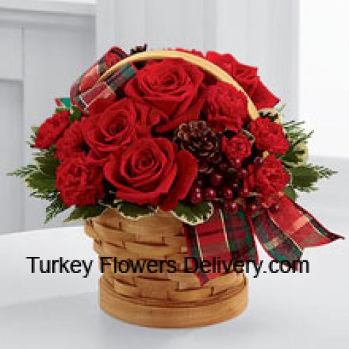 Wooden Basket of Roses and Carnations with Assorted Flowers