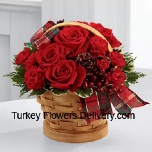 Greet your special recipient with seasonal beauty and blessings. Red roses and mini carnations are gorgeously arranged in a natural woodchip basket with assorted holiday greens, natural pinecones, and berry pics, accented with a tartan plaid ribbon to create a gift that wishes everything this wondrous season has to offer (Please Note That We Reserve The Right To Substitute Any Product With A Suitable Product Of Equal Value In Case Of Non-Availability Of A Certain Product)